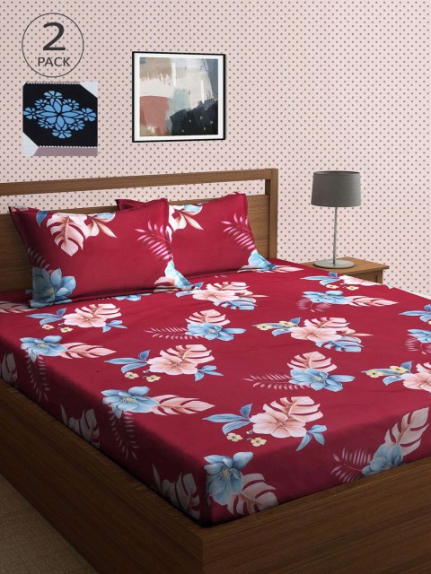 

KLOTTHE Red & Blue Floral 210 TC 2 King Bedsheet with 4 Pillow Covers