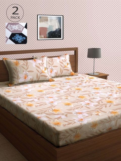 

KLOTTHE White & Beige Floral 210 TC 2 King Bedsheet with 4 Pillow Covers