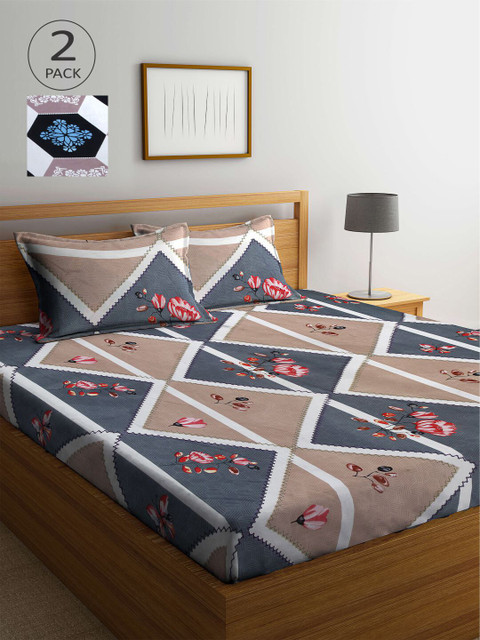 

KLOTTHE White & Grey Floral 210 TC 2 King Bedsheet with 4 Pillow Covers
