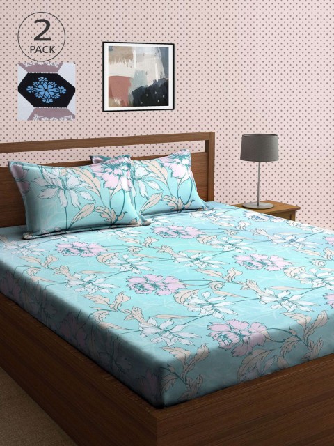 

KLOTTHE Set Of 2 210TC Double King Bedsheets With 4 Pillow Covers, Blue