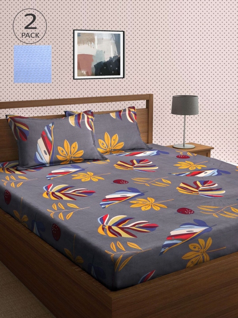 

KLOTTHE Grey & Blue Floral 210 TC 2 King Bedsheet with 4 Pillow Covers