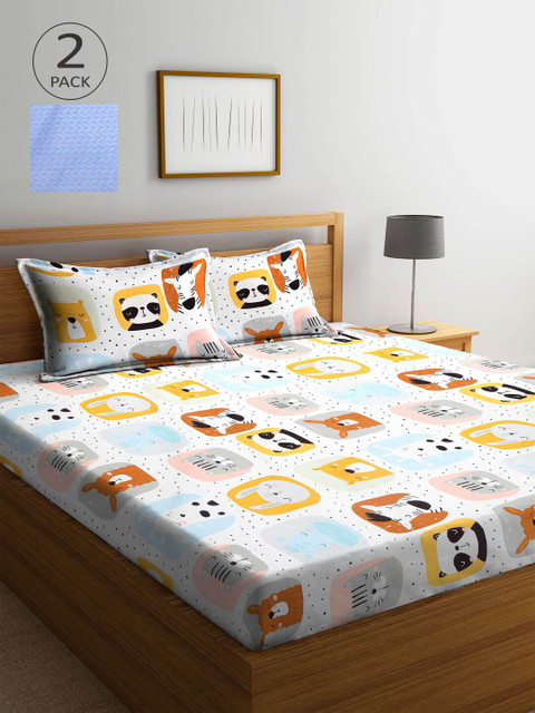

KLOTTHE White & Yellow Cartoon Characters 210 TC 2 King Bedsheet with 4 Pillow Covers
