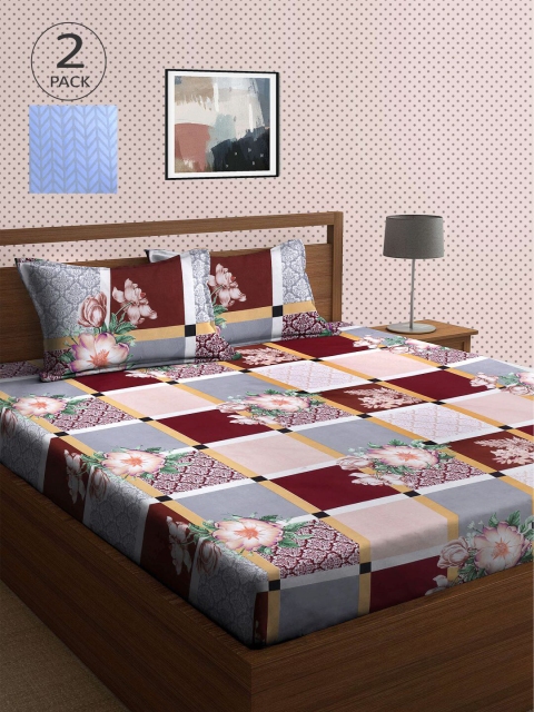 

KLOTTHE Blue & Maroon Floral 210 TC 2 King Bedsheet with 4 Pillow Covers