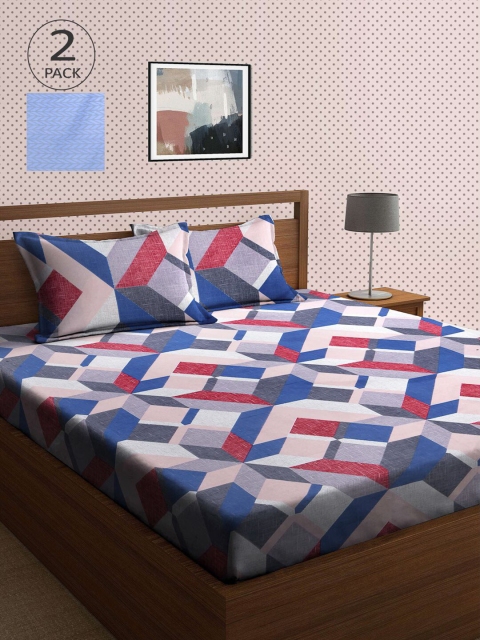 

KLOTTHE Set Of 2 210TC Double King Bedsheets With 4 Pillow Covers, Blue
