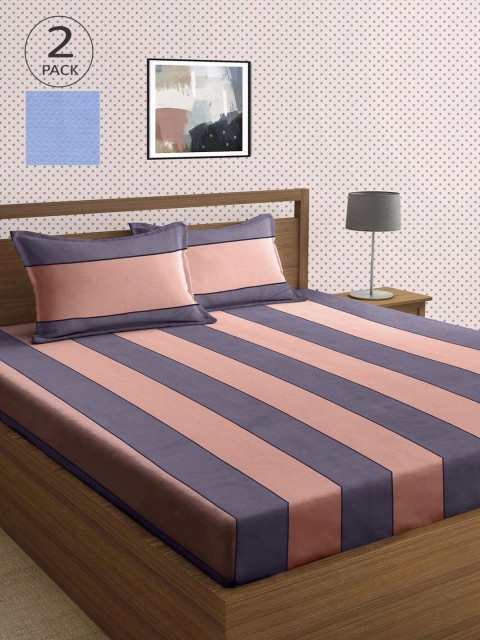

KLOTTHE Blue & Grey Striped 210 TC 2 King Bedsheet with 4 Pillow Covers