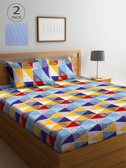

KLOTTHE Blue & Yellow Geometric 210 TC 2 King Bedsheet with 4 Pillow Covers