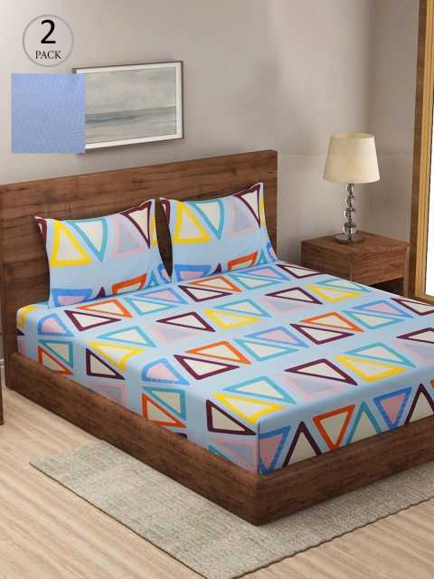

KLOTTHE Blue & Yellow Geometric 210 TC 2 King Bedsheet with 4 Pillow Covers