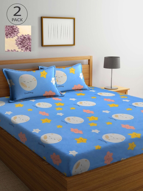 

KLOTTHE Beige & Blue Cartoon Characters 210 TC 2 King Bedsheet with 4 Pillow Covers