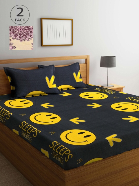 

KLOTTHE Yellow & Black Graphic 210 TC 2 King Bedsheets with 4 Pillow Covers