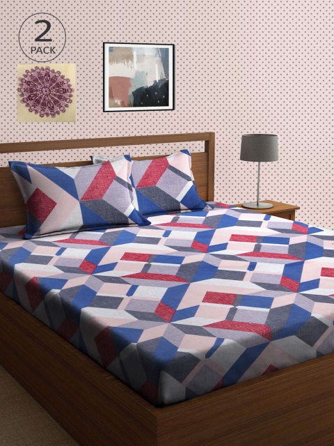 

KLOTTHE Pack of 2 Cream & Blue Geometric 210 TC King Bedsheet with 4 Pillow Covers