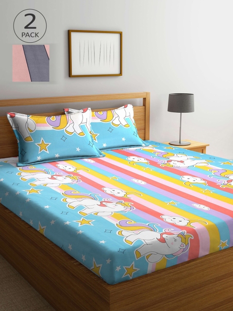 

KLOTTHE Blue & Peach-Coloured Cartoon Characters 210 TC 2 King Bedsheet with 4 Pillow Covers