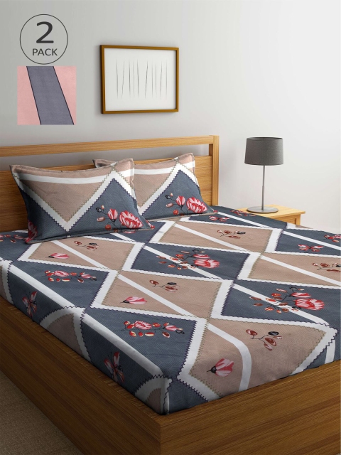 

KLOTTHE Grey & Pink Geometric 210 TC 2 King Bedsheet with 4 Pillow Covers