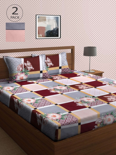 

KLOTTHE Set Of 2 Maroon & Grey Printed 210 TC King Bedsheets With 4 Pillow Covers