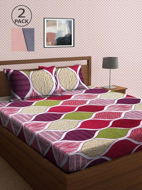 

KLOTTHE Pack of 2 Coral & Grey 210 TC King Bedsheet with 4 Pillow Covers