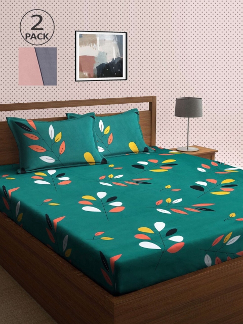 

KLOTTHE Teal & Grey Floral 210 TC 2 King Bedsheet with 4 Pillow Covers