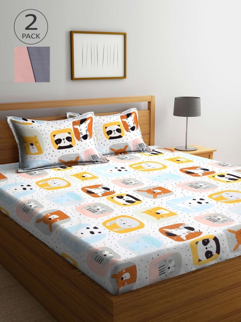 

KLOTTHE White & Grey Cartoon Characters 210 TC 2 King Bedsheet with 4 Pillow Covers