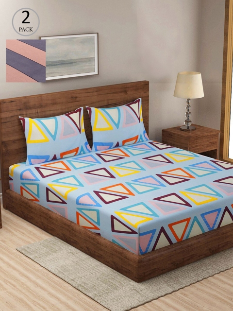 

KLOTTHE Pink & Blue Geometric 210 TC 2 King Bedsheet with 4 Pillow Covers