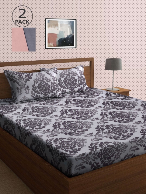 

KLOTTHE Grey & Pink Ethnic Motifs 210 TC 2 King Bedsheets with 4 Pillow Covers