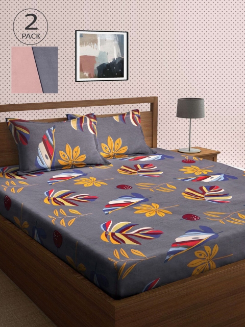 

KLOTTHE Grey & Pink Floral 210 TC 2 King Bedsheet with 4 Pillow Covers