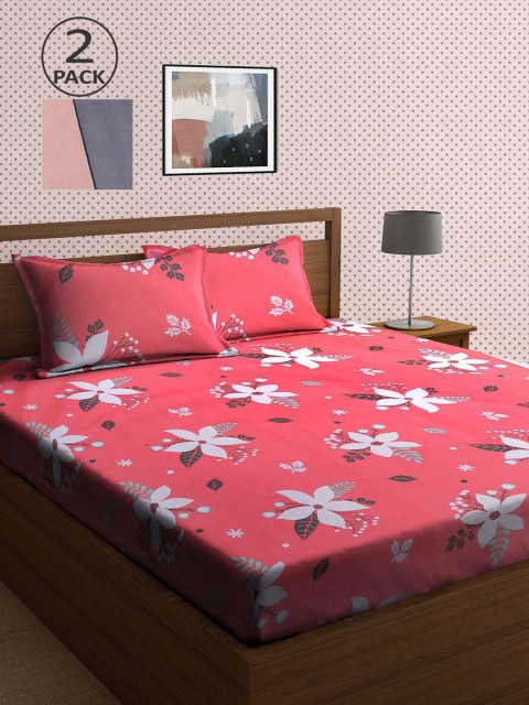 

KLOTTHE Set Of 2 Coral & Grey Printed 210 TC King Bedsheets With 4 Pillow Covers