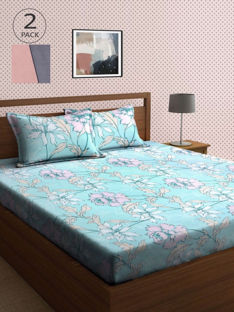 

KLOTTHE Blue & Grey Floral 210 TC 2 King Bedsheet with 4 Pillow Covers