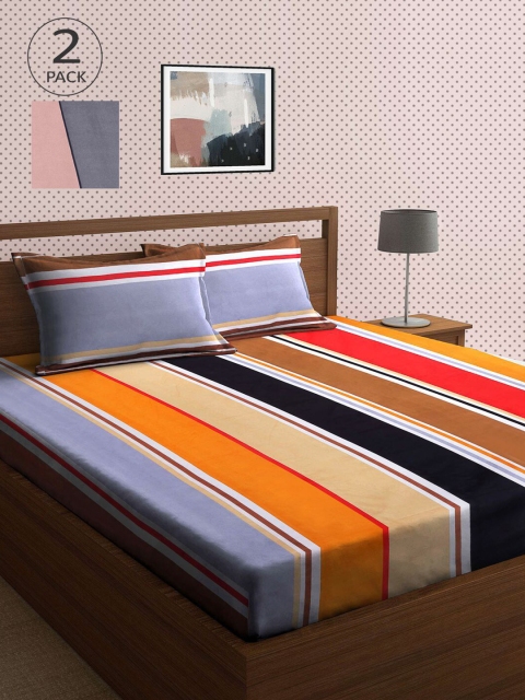 

KLOTTHE Set of 2 210 TC Multi Striped Double Bedsheet with 2 Pillow Covers