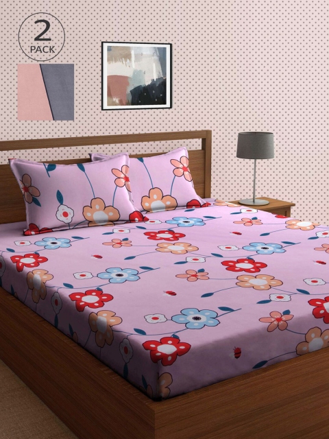 

KLOTTHE Pink & Grey Floral 210 TC 2 King Bedsheet with 4 Pillow Covers