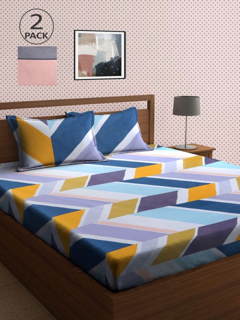 

KLOTTHE Pink & Blue Geometric 210 TC 2 King Bedsheet with 4 Pillow Covers