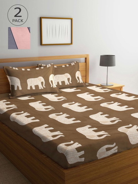 

KLOTTHE Set Of 2 Peach & Brown Printed 210 TC King Bedsheets With 4 Pillow Covers
