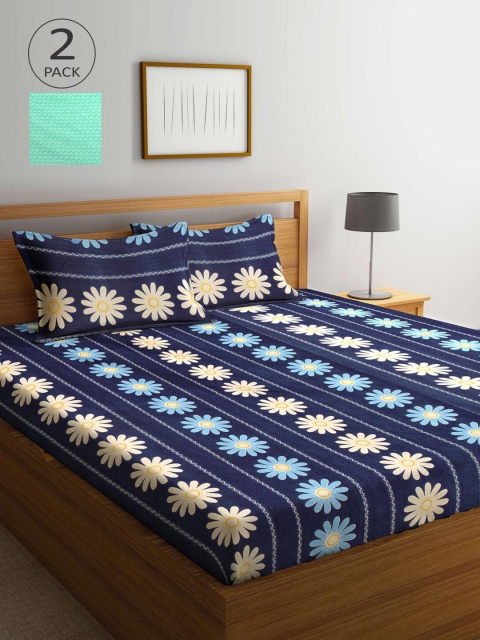 

KLOTTHE Green & Navy Blue Floral 210 TC 2 King Bedsheet with 4 Pillow Covers