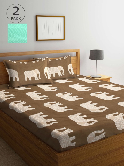 

KLOTTHE Pack of 2 Green & Taupe Cartoon 210 TC King Bedsheet with 4 Pillow Covers