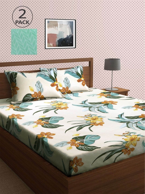 

KLOTTHE Multi Floral 210 TC 2 King Bedsheet with 4 Pillow Covers, Green