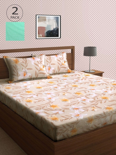 

KLOTTHE Brown & Green Floral 210 TC 2 King Bedsheet with 4 Pillow Covers