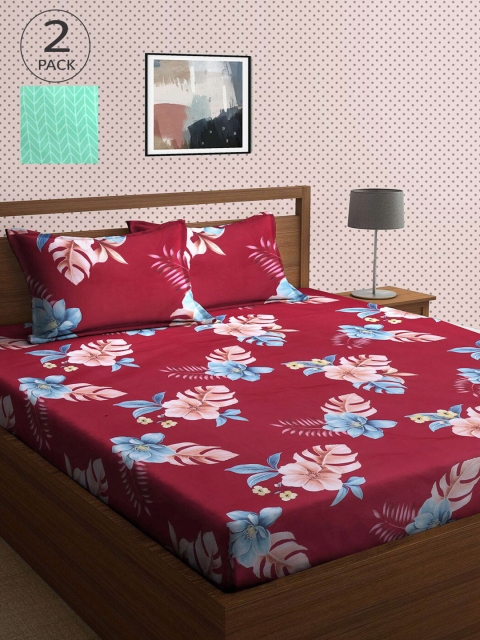 

KLOTTHE Green & Maroon Floral 210 TC 2 King Bedsheets with 4 Pillow Covers