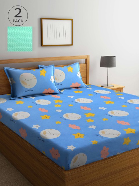 

KLOTTHE Green & Blue Cartoon Characters 210 TC 2 King Bedsheet with 4 Pillow Covers
