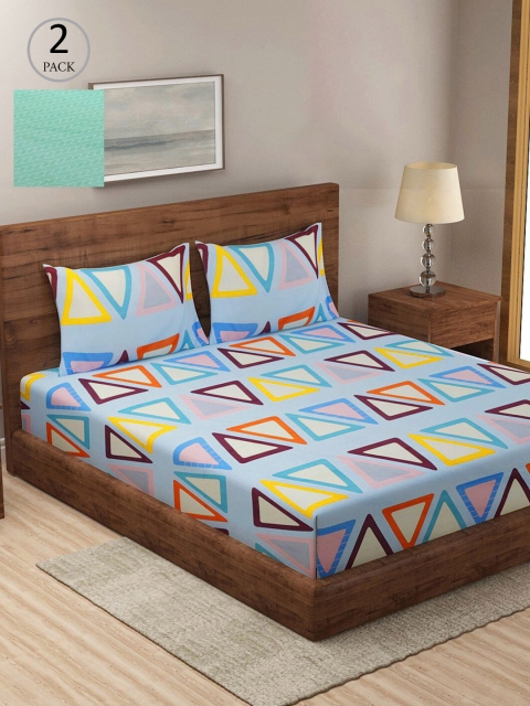 

KLOTTHE Pack of 2 Blue & Orange Geometric 210 TC King Bedsheet with 4 Pillow Covers