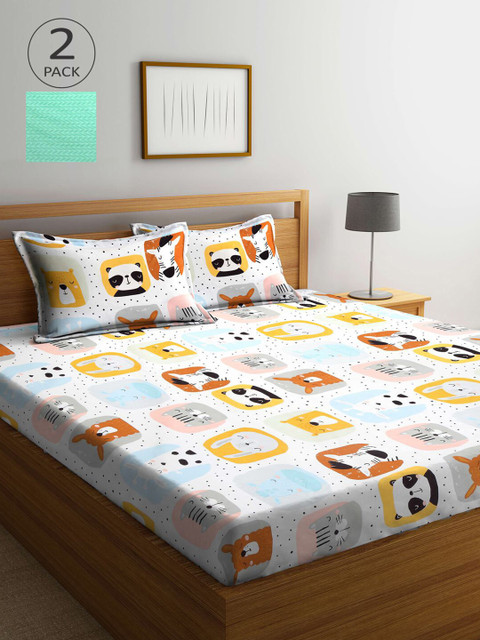 

KLOTTHE Green & White Cartoon Characters 210 TC 2 King Bedsheet with 4 Pillow Covers