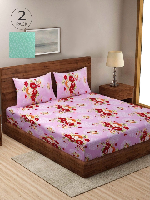 

KLOTTHE Pink & Green Floral 210 TC 2 King Bedsheets with 4 Pillow Covers