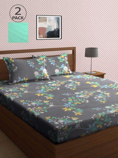 

KLOTTHE Grey & Green Floral 210 TC 2 King Bedsheet with 4 Pillow Covers