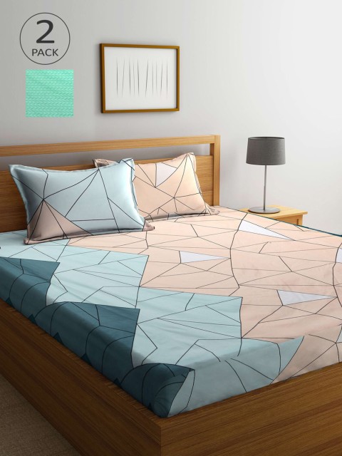 

KLOTTHE Set Of 2 Peach & Turquoise Blue Printed 210 TC King Bedsheets With 4 Pillow Covers
