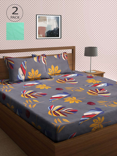 

KLOTTHE Green & Grey Floral 210 TC 2 King Bedsheet with 4 Pillow Covers