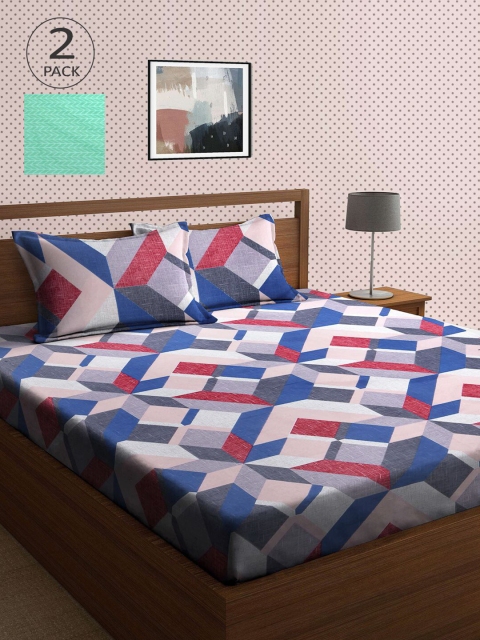 

KLOTTHE Green & Blue Geometric 210 TC 2 King Bedsheet with 4 Pillow Covers