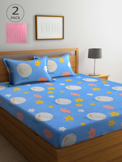 

KLOTTHE Blue & Pink Cartoon Characters 210 TC 2 King Bedsheet with 4 Pillow Covers
