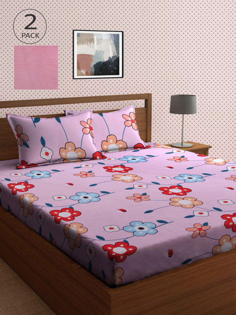 

KLOTTHE Pink & Red Floral 210 TC 2 King Bedsheet with 4 Pillow Covers