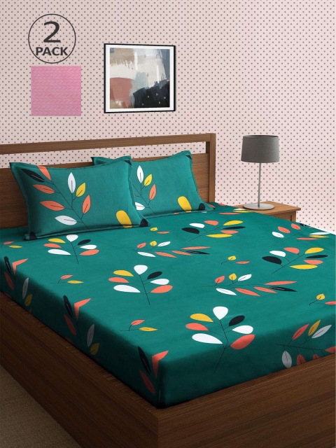 

KLOTTHE Green & Pink Floral 210 TC 2 King Bedsheet with 4 Pillow Covers