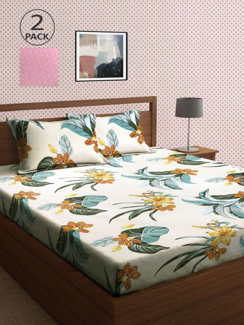 

KLOTTHE Cream-Coloured & Pink Floral 210 TC 2 King Bedsheet with 4 Pillow Covers
