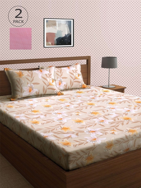 

KLOTTHE Beige & Pink Floral 210 TC 2 King Bedsheet with 4 Pillow Covers