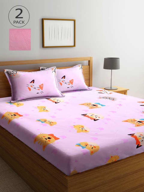 

KLOTTHE Pink & White Cartoon Characters 210 TC 2 King Bedsheet with 4 Pillow Covers