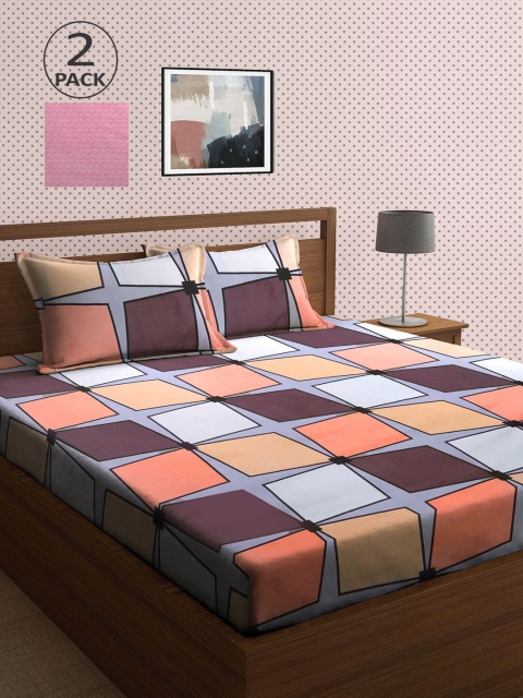 

KLOTTHE Pink & Grey Geometric 210 TC 2 King Bedsheet with 4 Pillow Covers