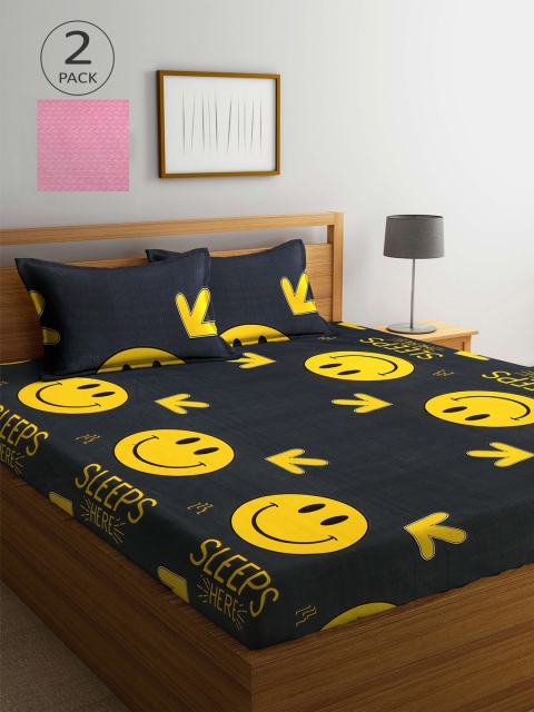 

KLOTTHE Pack of 2 Pink & Black Cartoon 210 TC King Bedsheet with 4 Pillow Covers